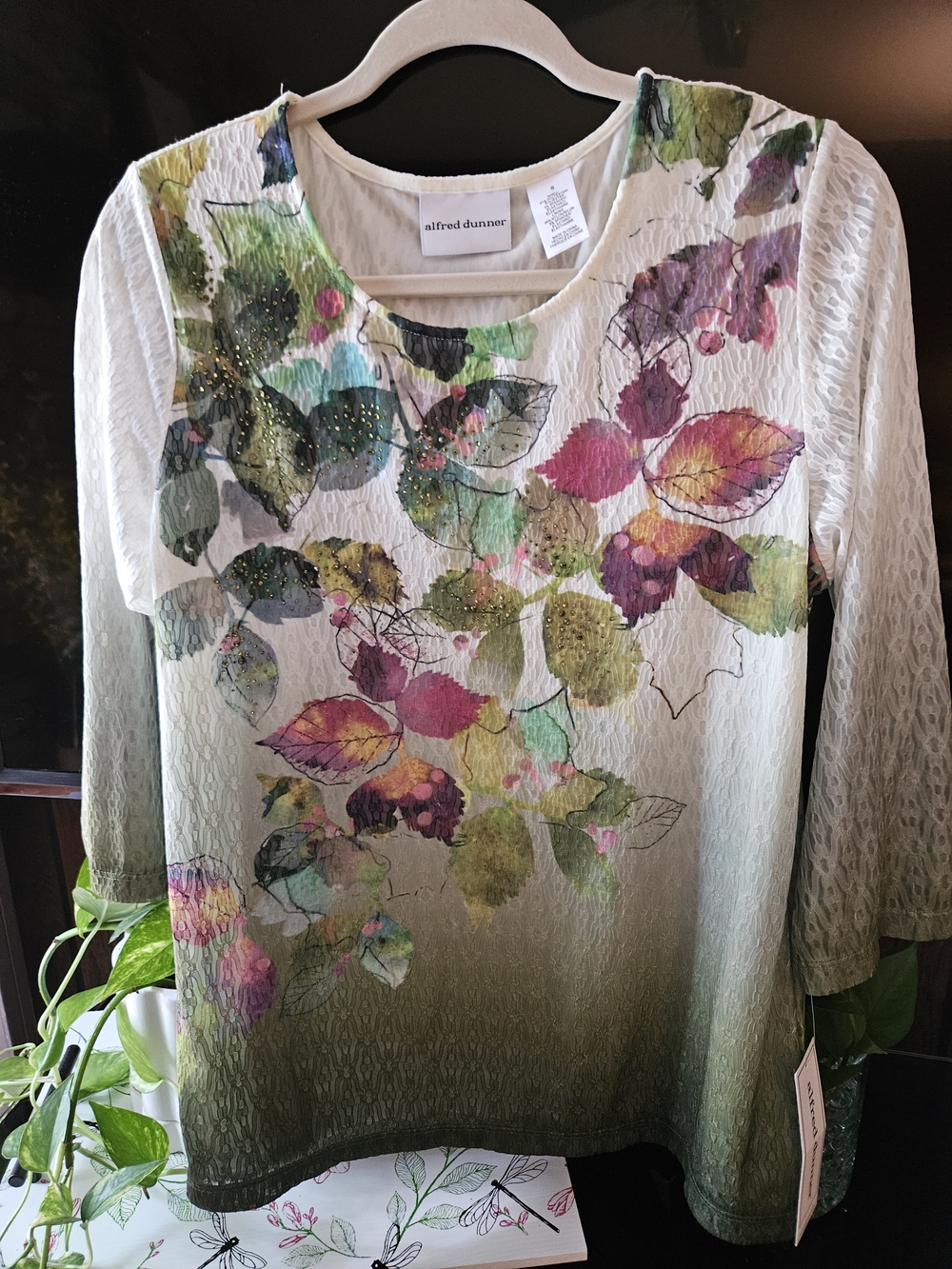Alfred Dunner Green Ombre Long-Sleeve Scoop Neck Top with Multicolor Leaf Print